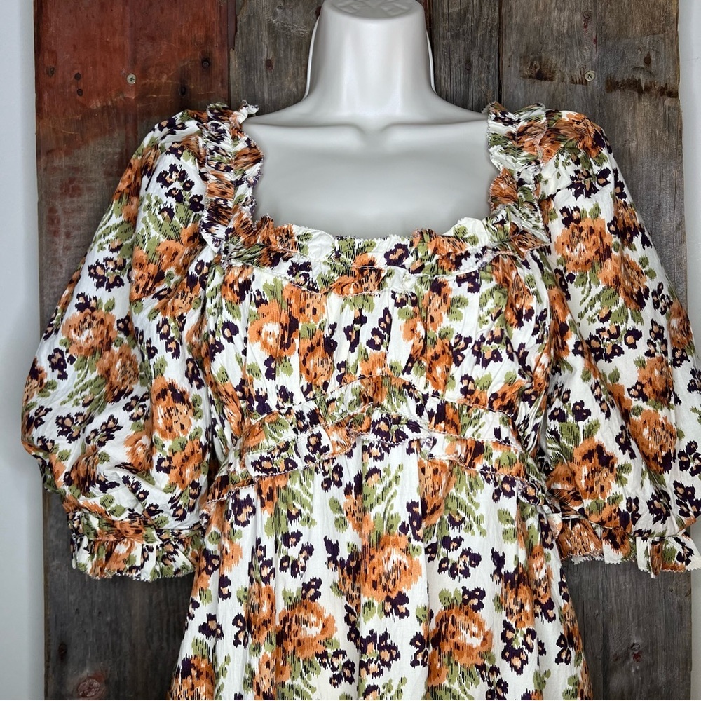 Anthropologie Love the Label Fall Floral Puff Sleeve Midi Dress Brown Cream M - Picture 5 of 14